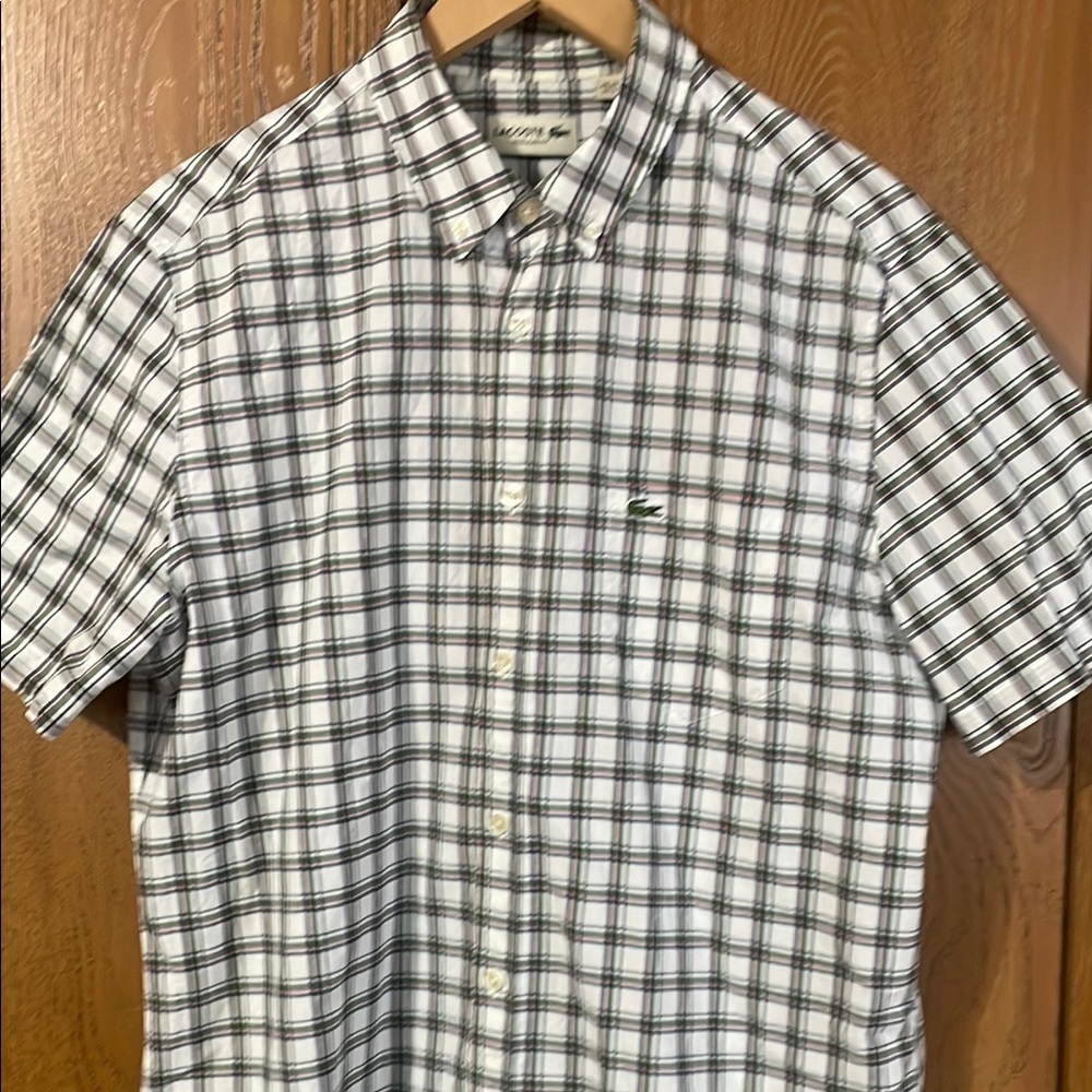 Lacoste Men's White and Green Plaid Shirt